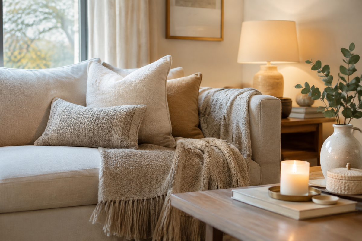 Cozy home products in a living room