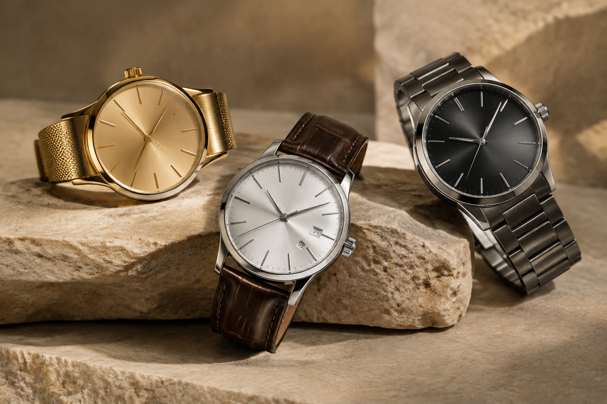 Elegant wristwatches on a neutral background
