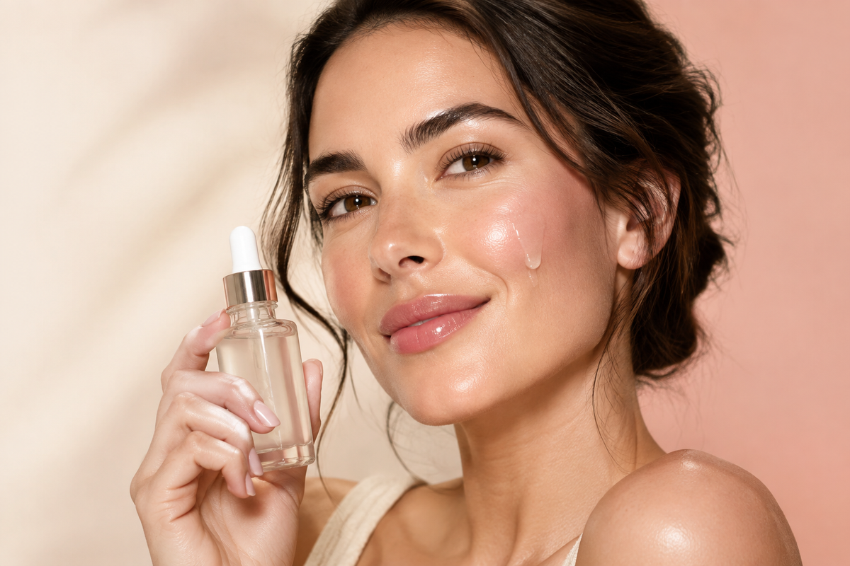 Woman holding a facial serum bottle